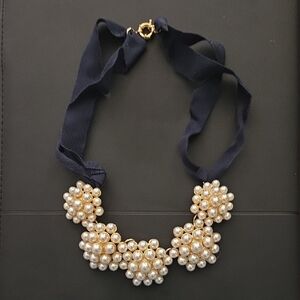 Talbots Pearl Cluster Necklace with Navy Ribbon and Gold Accents